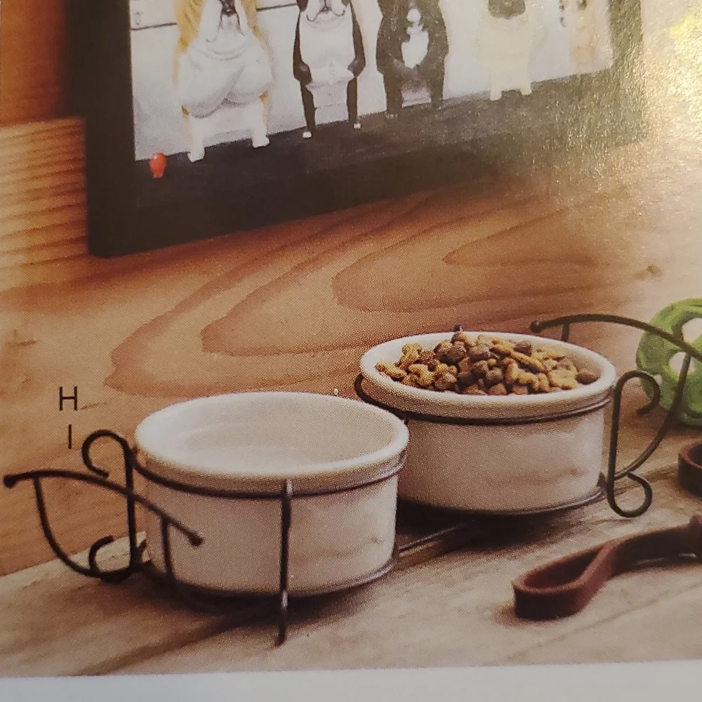 2 Pet Bowls Stoneware includes metal stand New. Holds 2 cups Celebrating Home.